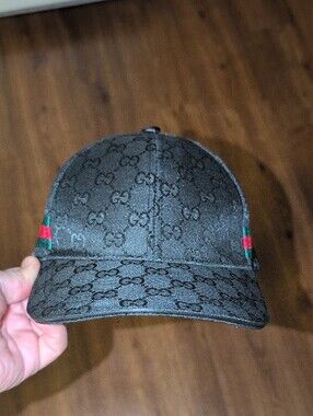 Gucci Black Monogram Cap with Green-Red Web
